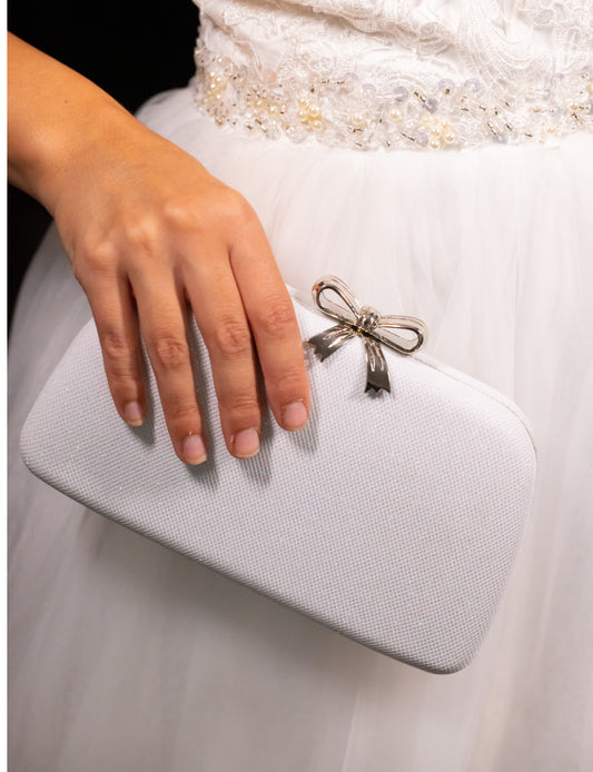 Neve -  Shimmer white Elegant bridal clutch bag with bow