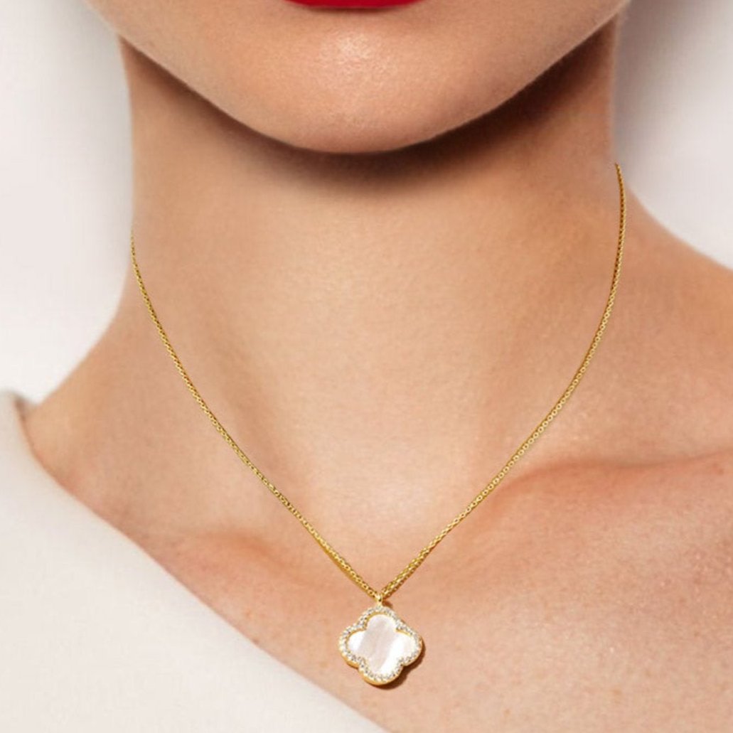 Gold plated mother of pearl Quatrefoil Pendant necklace