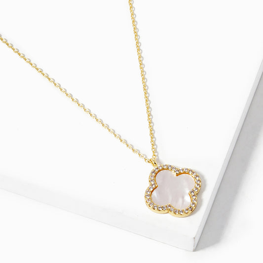 Crystal accented gold mother of pearl Quatrefoil Pendant necklace