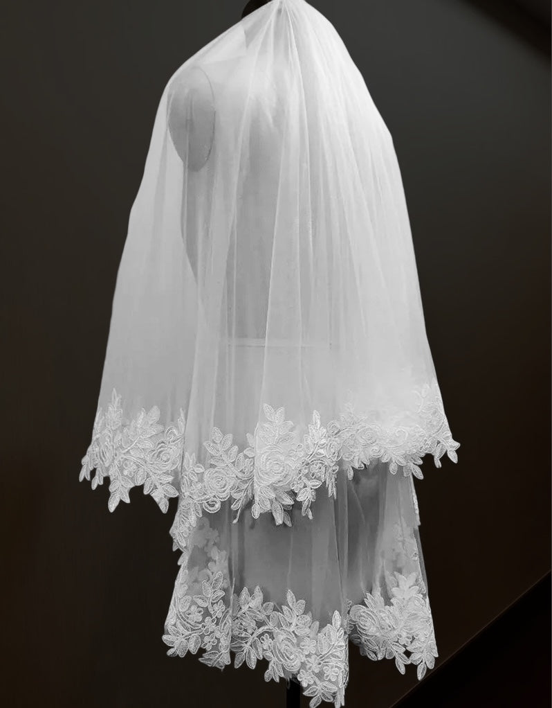 Brianna - Romantic 2 tier floral lace wedding veil with blusher