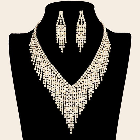 River - Crystal CZ gold teardrop Fringe necklace set
