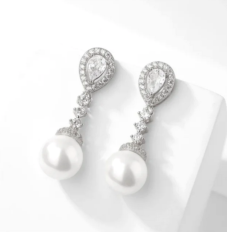 Minea,  Elegant CZ pearl drop bridal earrings