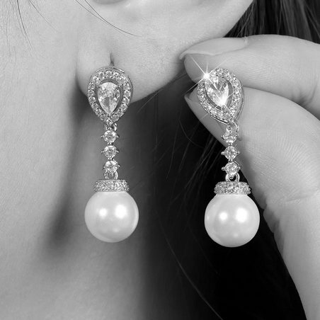 Minea,  Elegant CZ pearl drop bridal earrings