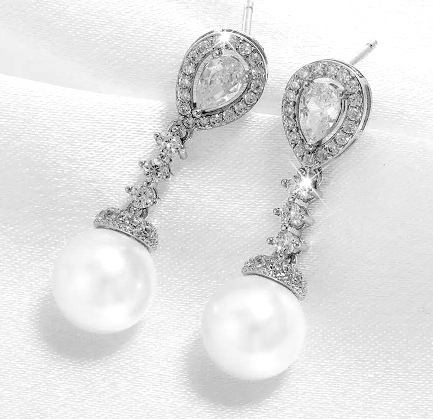 Minea,  Elegant CZ pearl drop bridal earrings