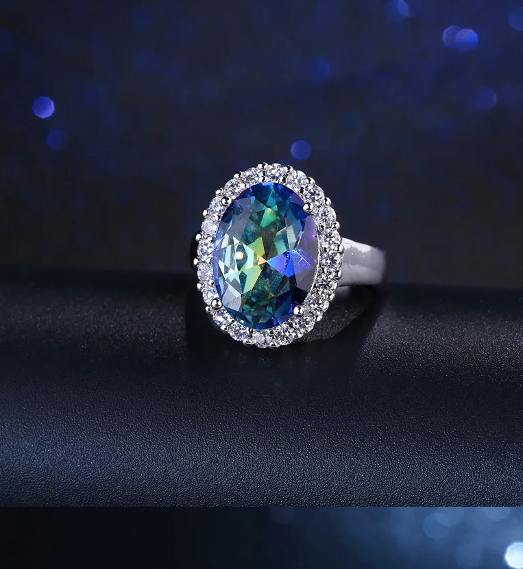 Blue mystical rainbow with simulated diamond cocktail ring