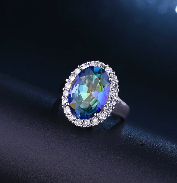 Blue mystical rainbow with simulated diamond cocktail ring