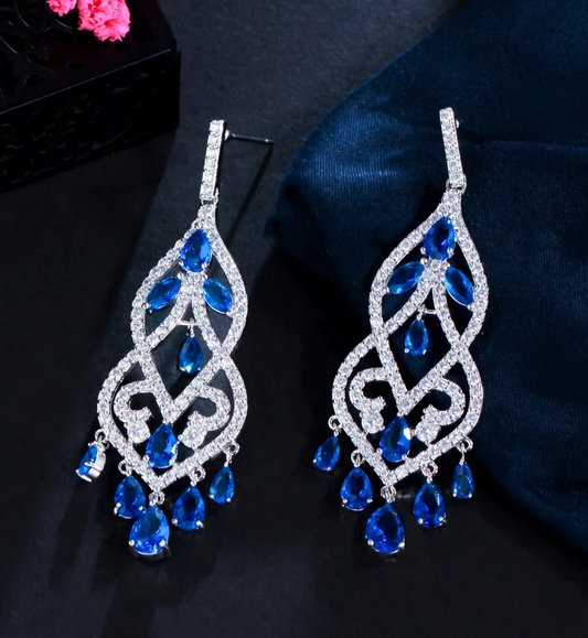 Giulianablue - Crystal CZ blue chandelier drop bridal earrings