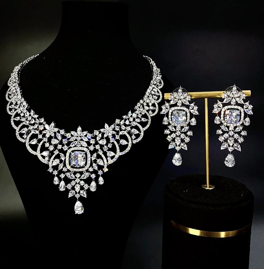 Elaini -  Royal CZ crystal statement bridal necklace set