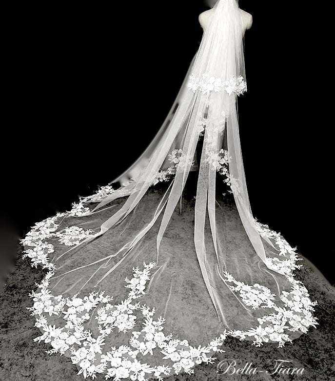Kendra – Beaded floral lace cathedral wedding veil with blusher