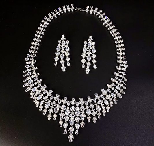 Rosanna - Stunning White Gold Moissanite diamond crystal bridal necklace set