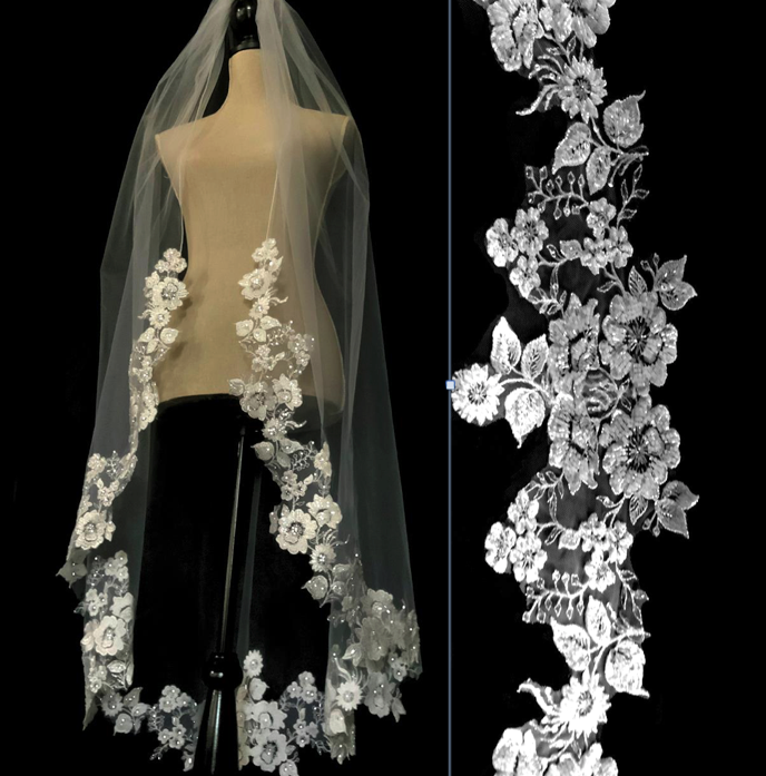 Beaded floral lace long cathedral wedding veil