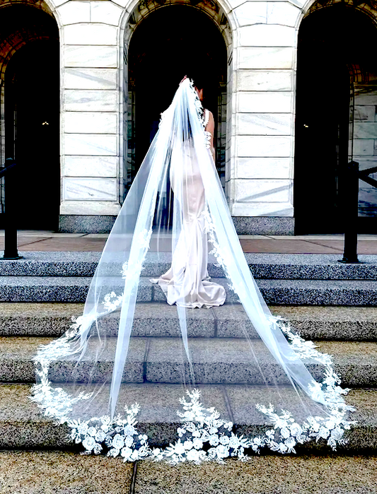 Rita – Royal floral lace cathedral wedding veil with free blusher