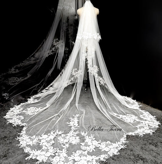 Kendra – Beaded floral lace cathedral wedding veil with blusher
