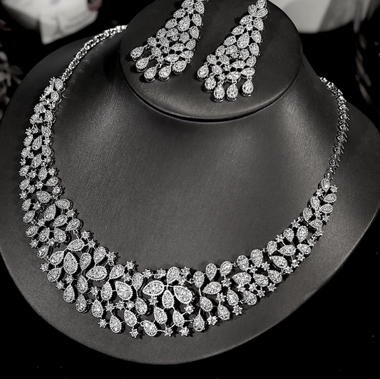 Ana - Stunning White Gold Moissanite diamond crystal bridal necklace set