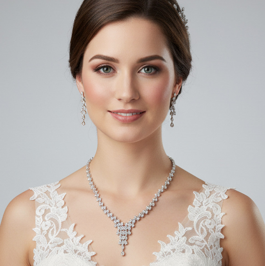 Roxanne - Elegant V drop CZ bridal crystal necklace set