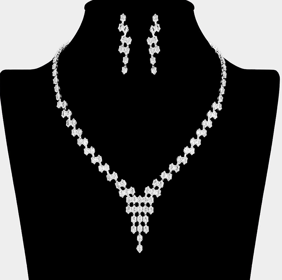 Roxanne - Elegant V drop CZ bridal crystal necklace set