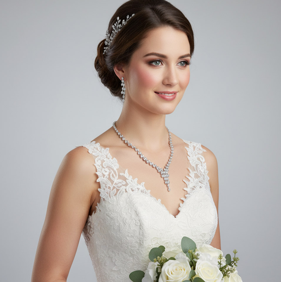 Roxanne - Elegant V drop CZ bridal crystal necklace set