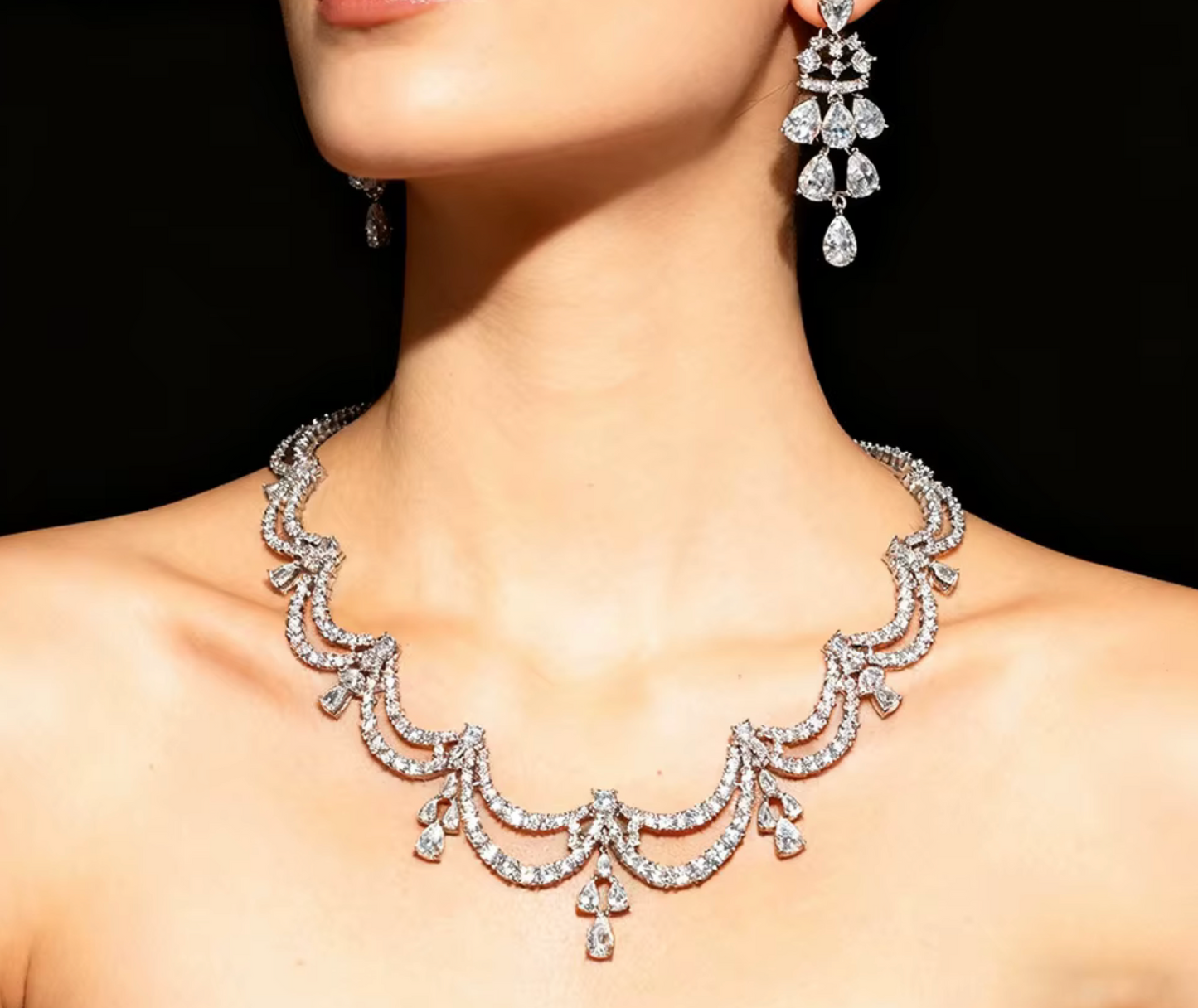 Eloise - Stunning scalloped romantic cz bridal necklace set