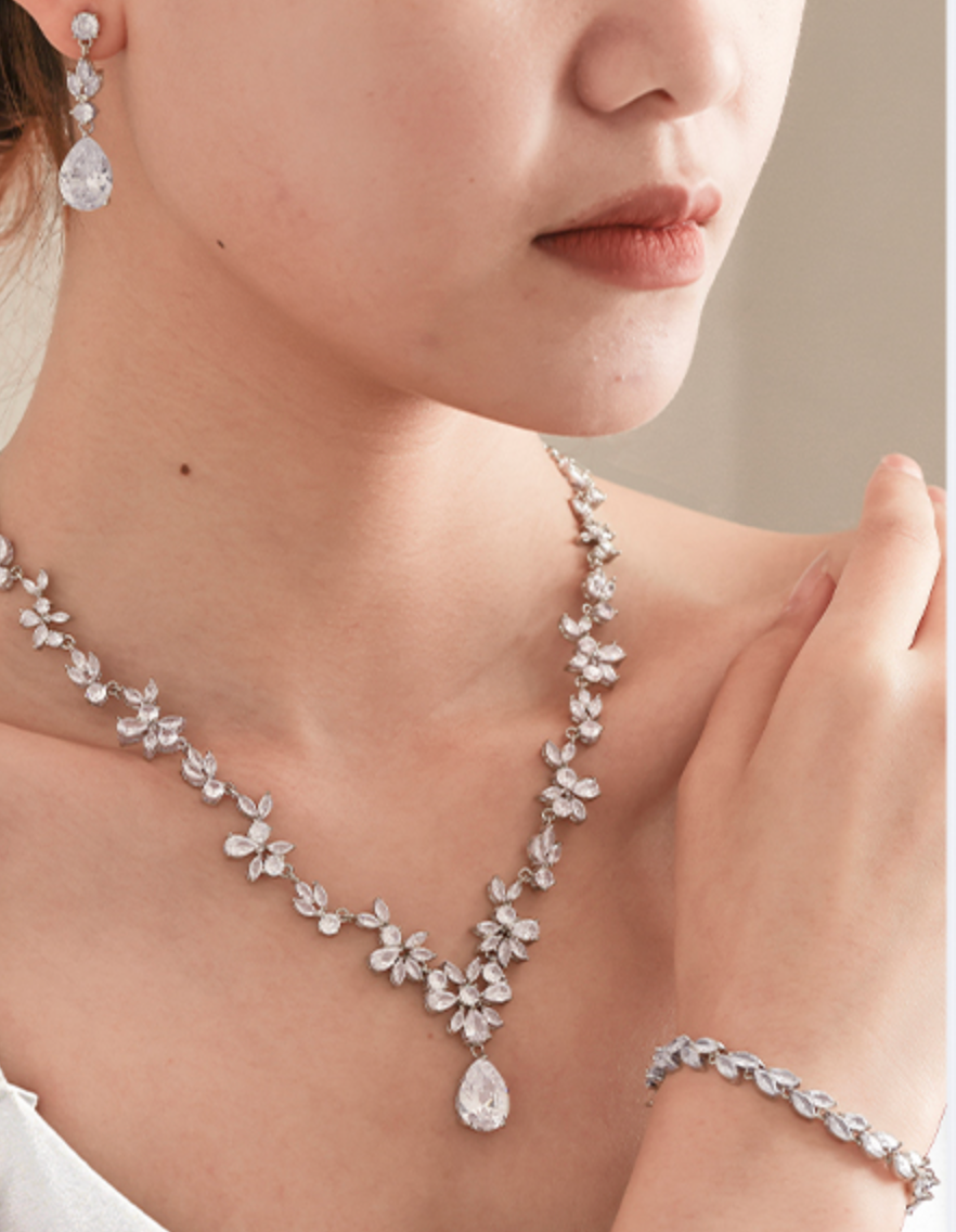 Darcy - Rose gold CZ vine crystal bridal necklace set