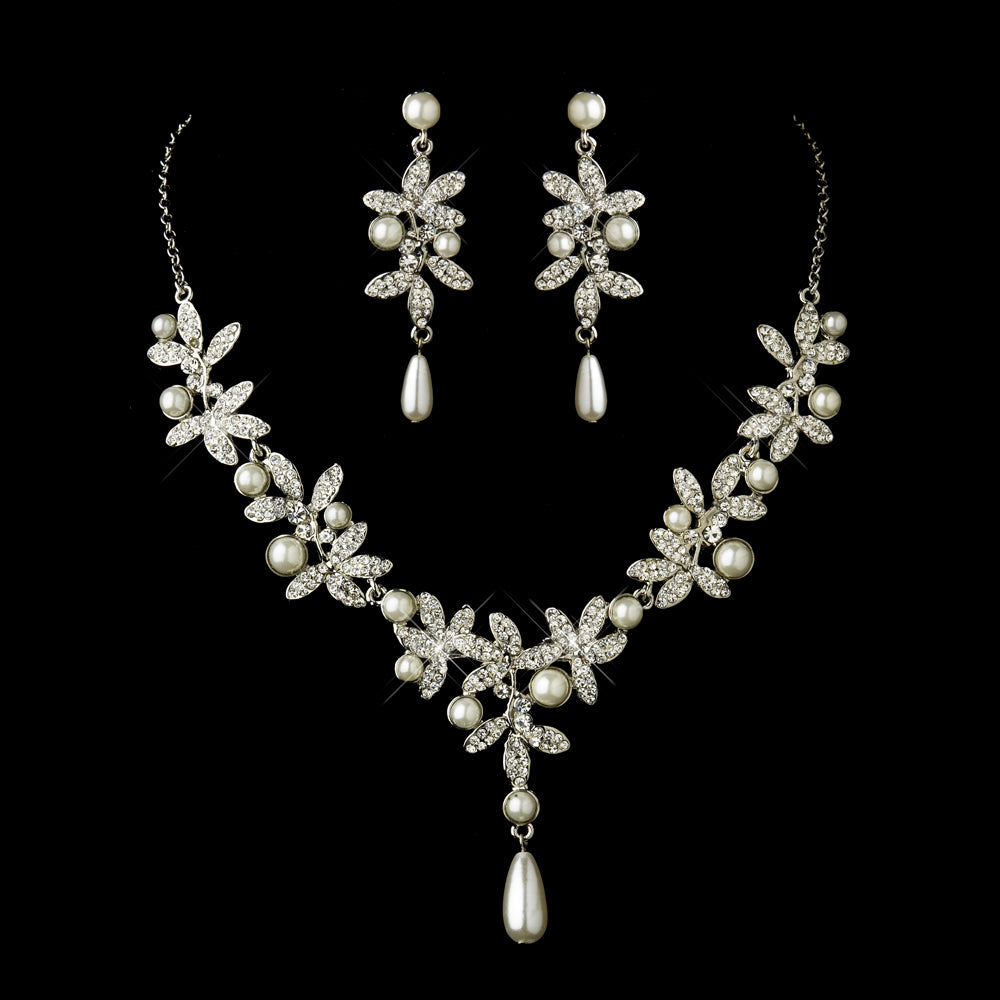 Isela - Timeless cz pearl drop bridal necklace set