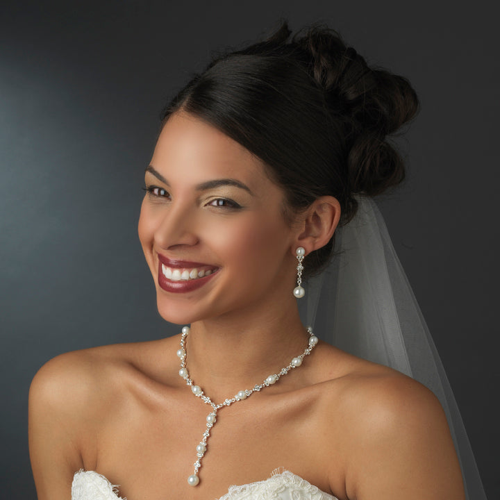 Villa - Timeless cz pearl drop bridal necklace set