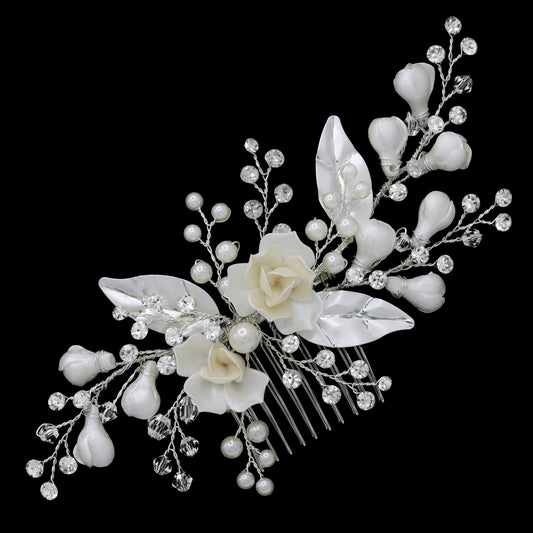 Zoe - Crystal porcelain rose flower bridal hair comb