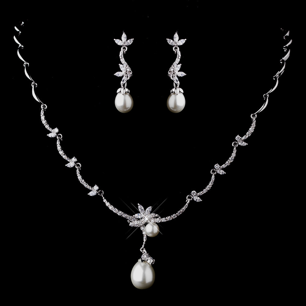Silvia - Timeless cz pearl drop bridal necklace set