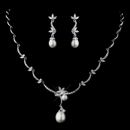 Silvia - Timeless cz pearl drop bridal necklace set