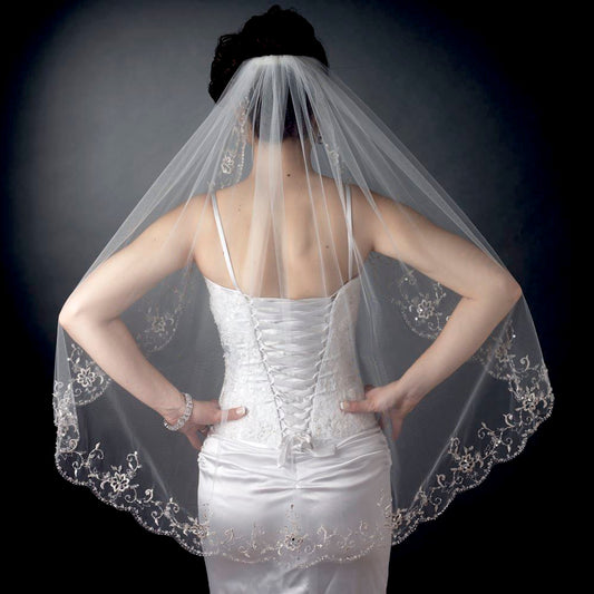 Maura - Exquisite fingertip Beaded floral scalloped edge wedding veil