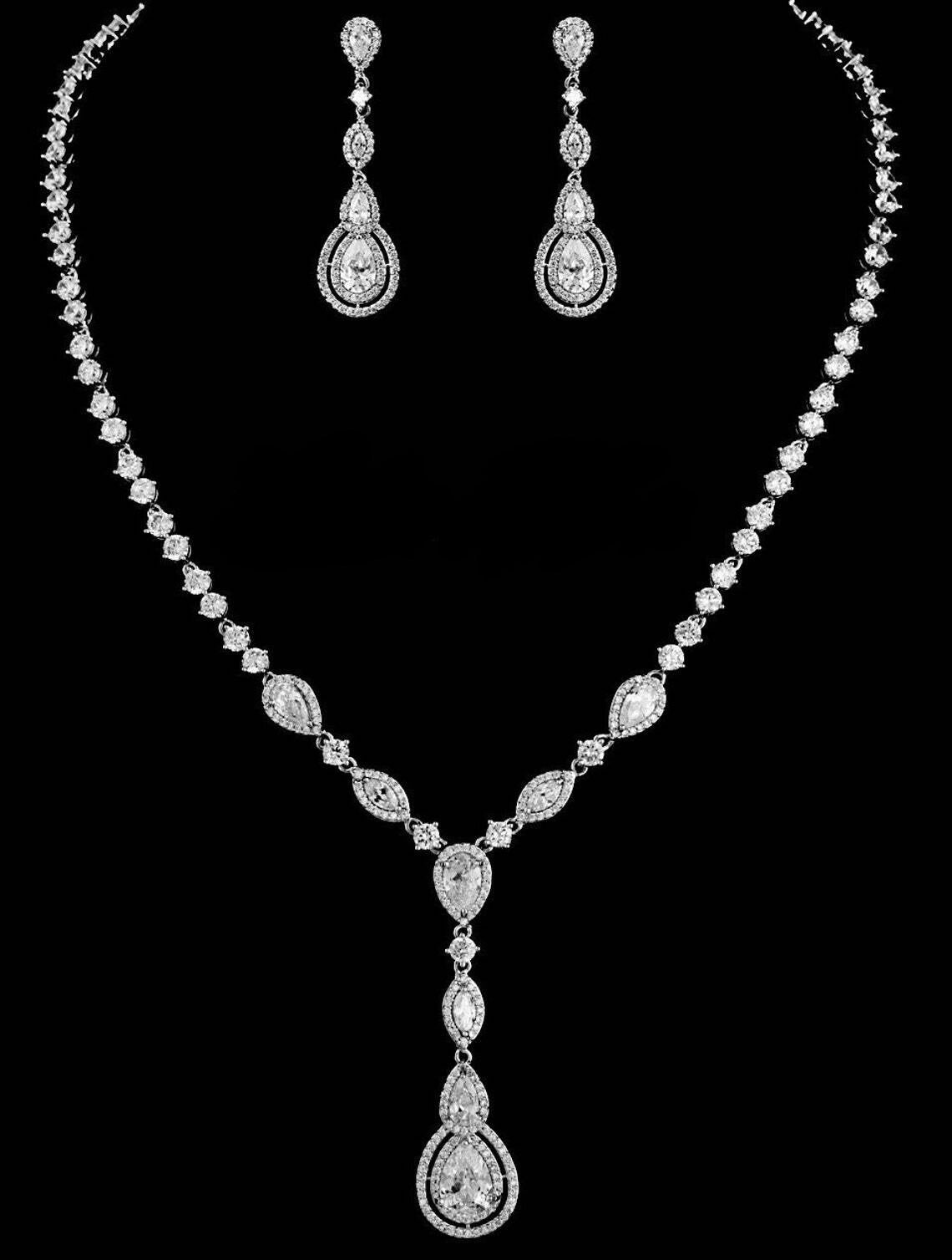 Princess Mia -  Elegant Crystal CZ tear drop wedding necklace set