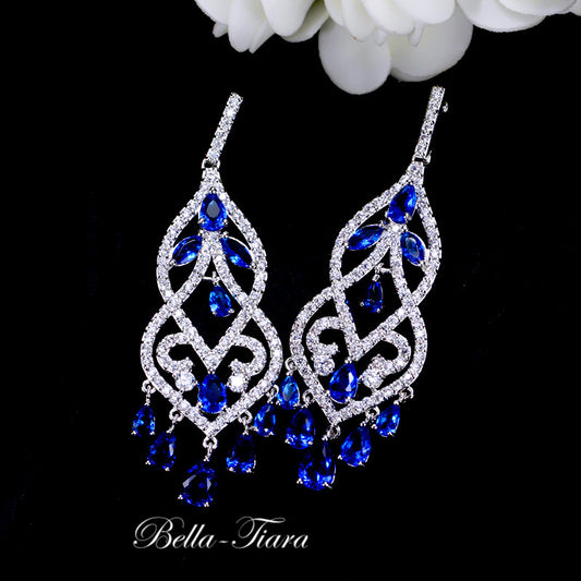 Giulia - Elegant Sapphire Blue CZ chandelier bridal earrings