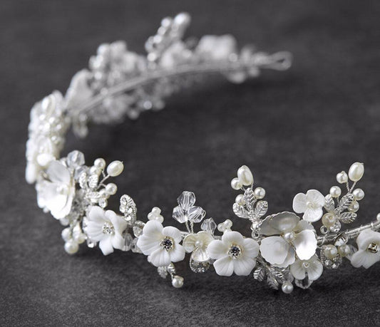 Liana - Floral pearl crystal communion headband