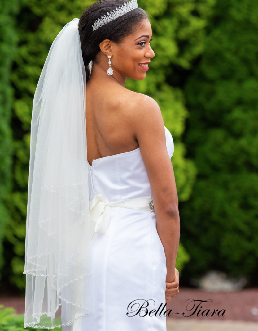 Katalina – Beaded pearl and crystal trim cathedral veil with blusher