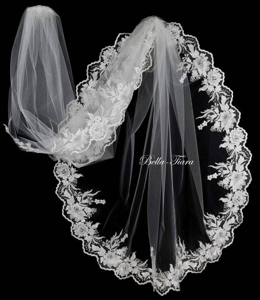 Gacolina - Italian Floral lace beaded cathedral veil