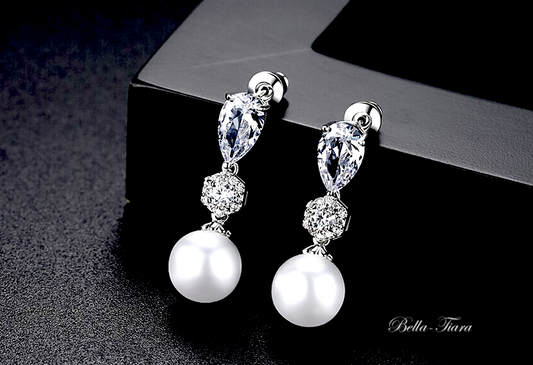 Sina - Elegant cubic zirconia pearl bridal earrings