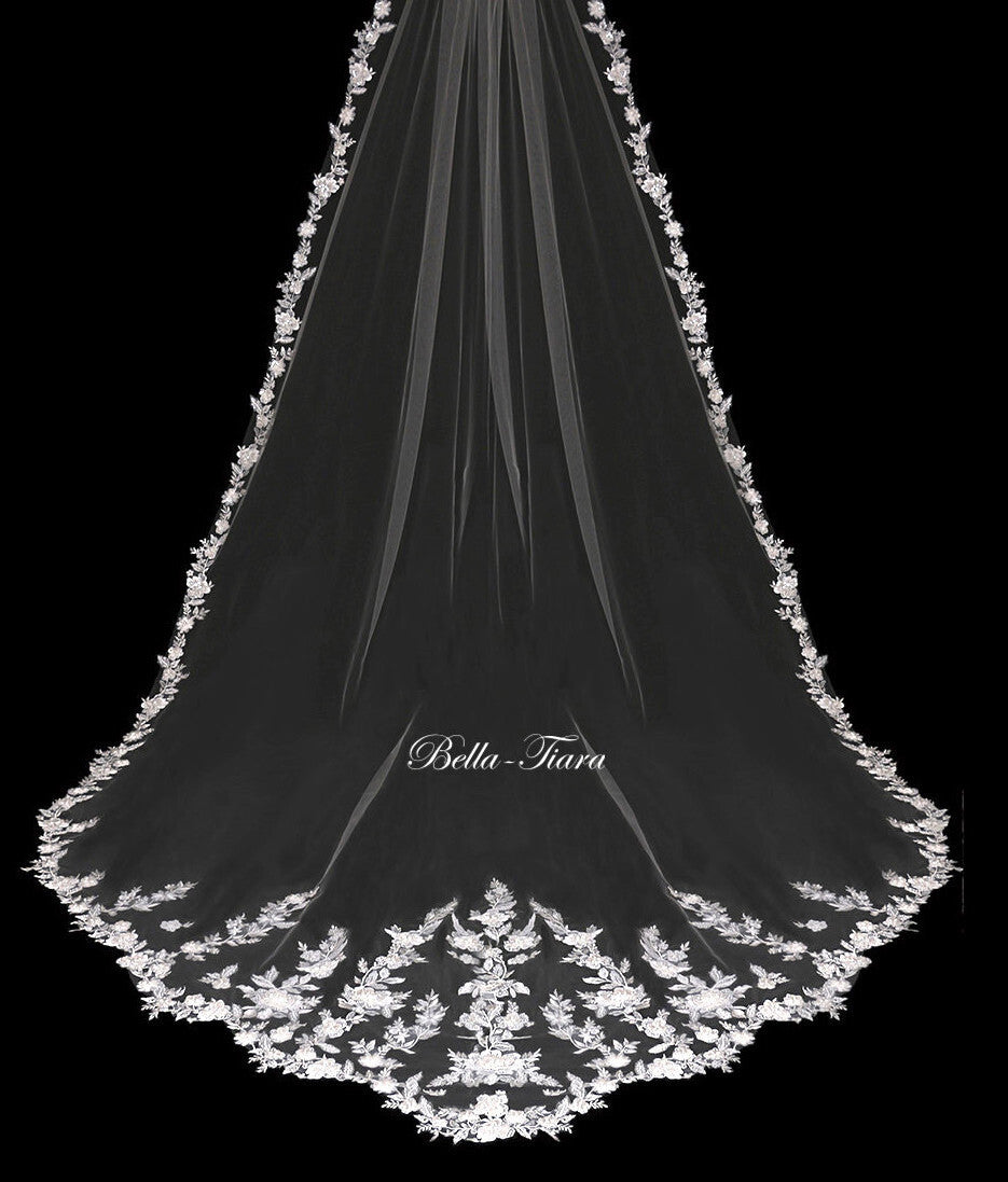 Avena - English tulle beaded flower lace cathedral wedding veil