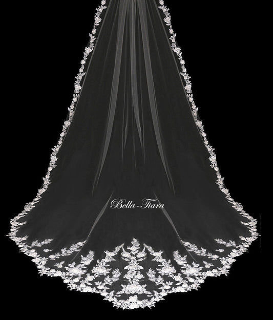 Avena - English tulle beaded flower lace cathedral wedding veil