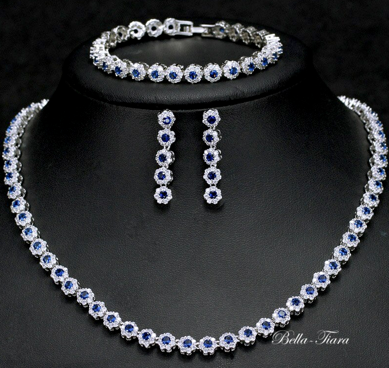 Celestina-  Elegant 3pc CZ sapphire blue necklace set