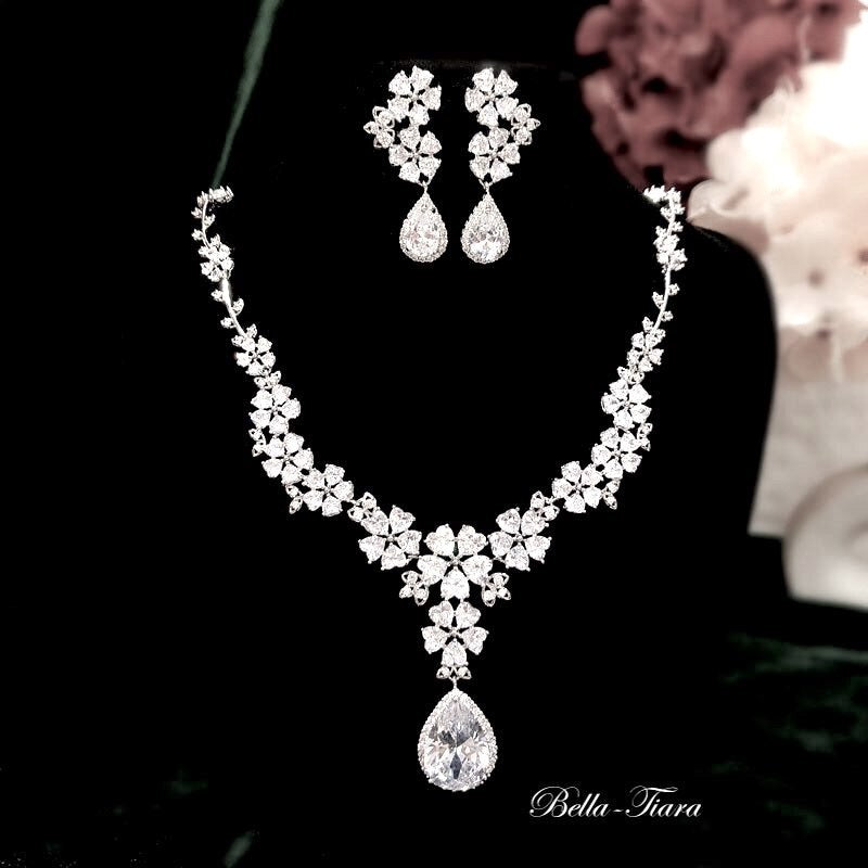 Ginevra -  Stunning CZ floral bridal necklace set