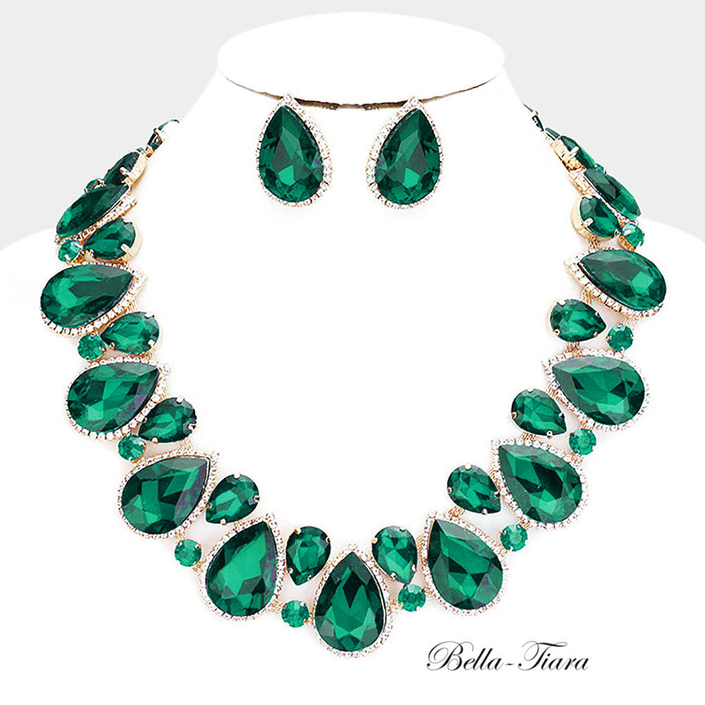 Dominique -  Crystal emerald green Statement necklace set