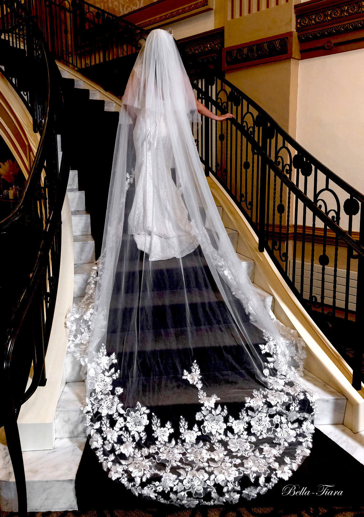 Fioralisa - Stunning Flower lace cathedral royal veil with Free Blusher