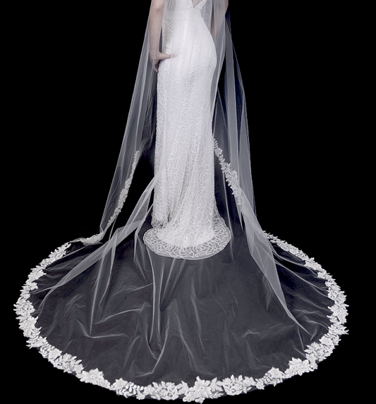 Fioramore -  Beaded floral lace trim cathedral veil with Free blusher
