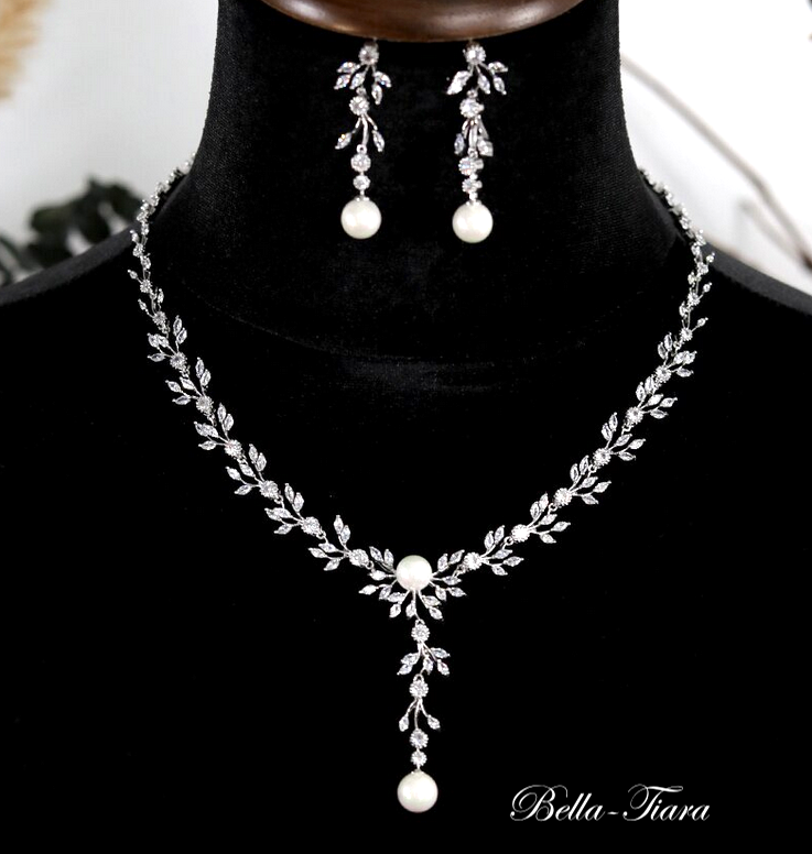 Clara - Timeless crystal vine pearl drop bridal necklace set