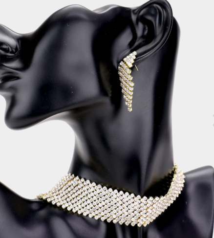 Goldengirl -   Dazzling rhinestone gold choker necklace set