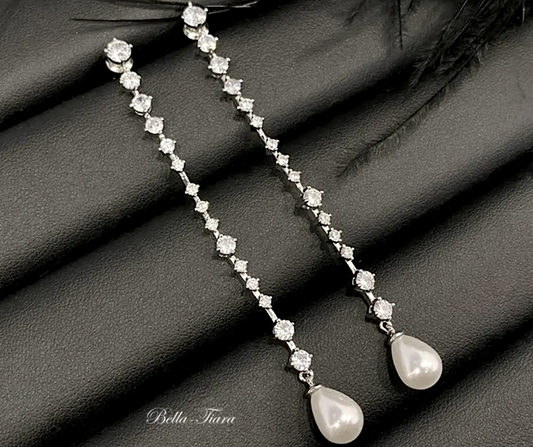 Daniella-Elegant Long pearl drop bridal earrings