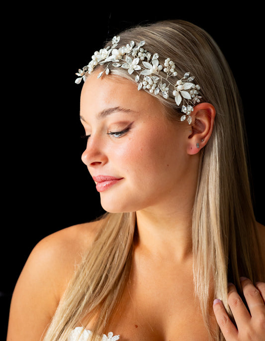 Oriana- Floral leaf ribbon crystal wedding headpiece
